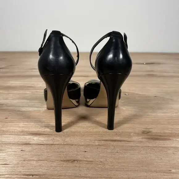 Nine West High-heeled Pumps Black W/ Metallic Gold Platform Pointed Closed Toe - Picture 4 of 9